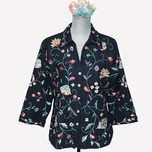 Silk Land 100% Silk Embroidered Floral Blazer Size XL Black colorful flowers
